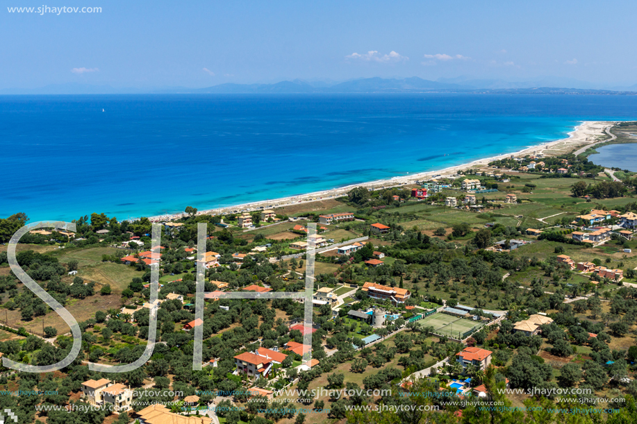 Panoramic view of Agios Ioanis beach with blue waters, Lefkada, Ionian Islands, Greece