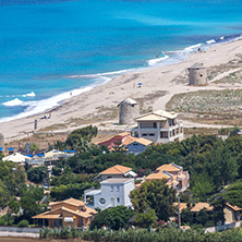 Panoramic view of Agios Ioanis beach with blue waters, Lefkada, Ionian Islands, Greece