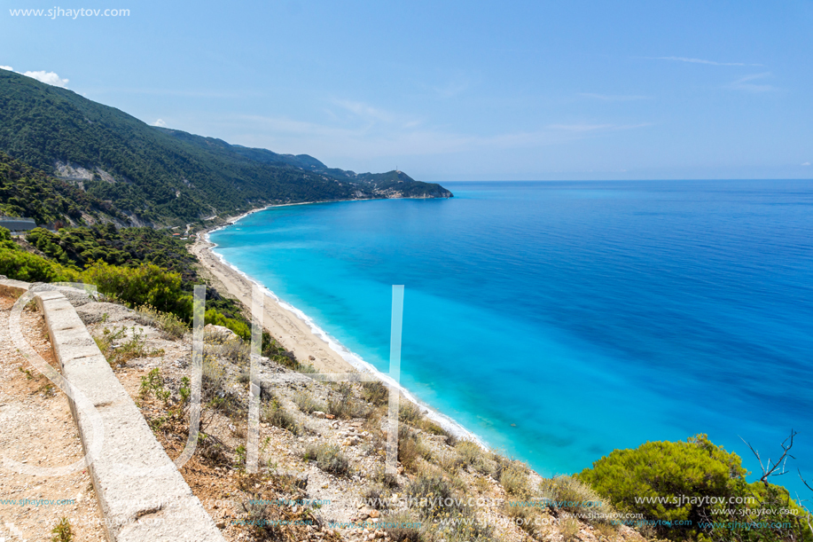 Panoramic view of Kokkinos Vrachos Beach with blue waters, Lefkada, Ionian Islands, Greece