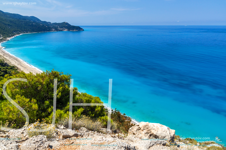 Panoramic view of Kokkinos Vrachos Beach with blue waters, Lefkada, Ionian Islands, Greece