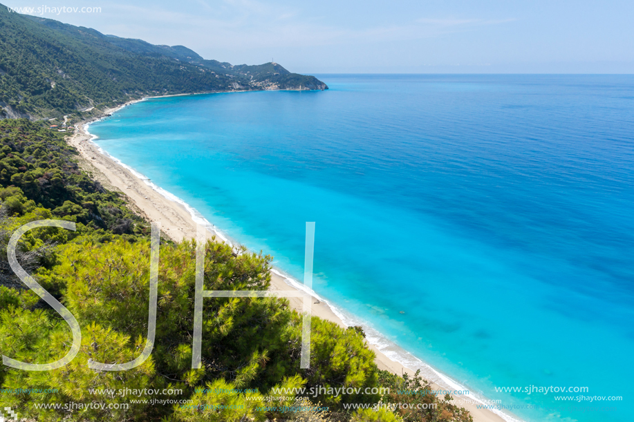 Panoramic view of Kokkinos Vrachos Beach with blue waters, Lefkada, Ionian Islands, Greece