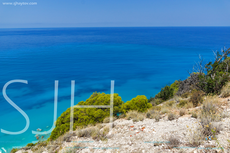 Panoramic view of Kokkinos Vrachos Beach with blue waters, Lefkada, Ionian Islands, Greece