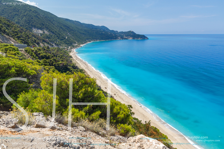 Panoramic view of Kokkinos Vrachos Beach with blue waters, Lefkada, Ionian Islands, Greece