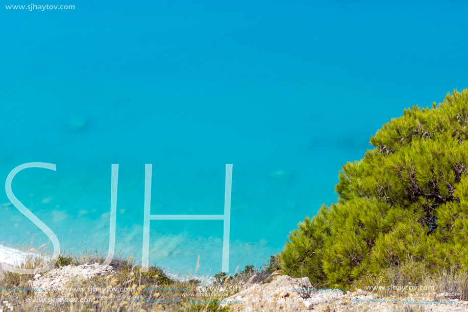 Panoramic view of Kokkinos Vrachos Beach with blue waters, Lefkada, Ionian Islands, Greece