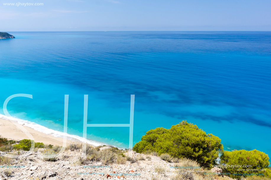 Panoramic view of Kokkinos Vrachos Beach with blue waters, Lefkada, Ionian Islands, Greece