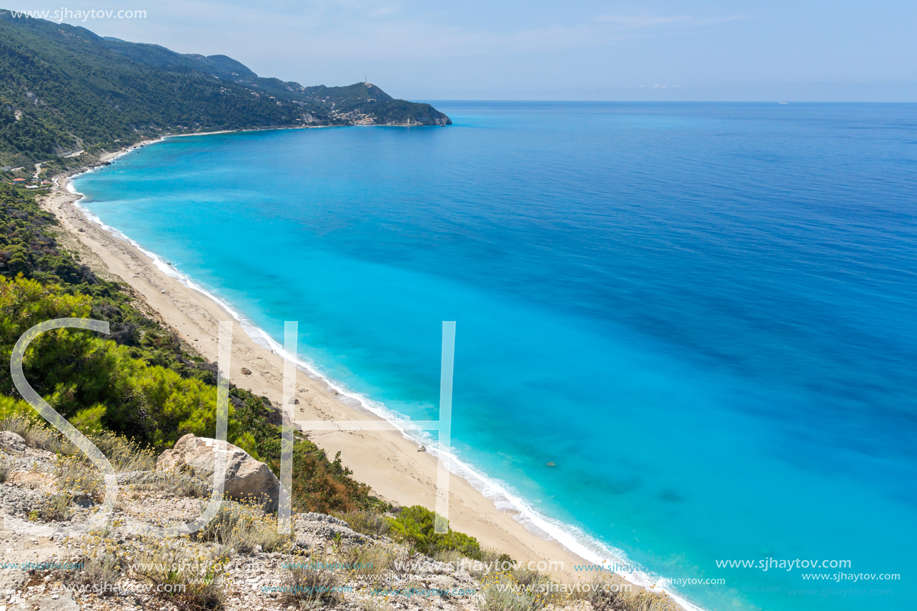 Panoramic view of Kokkinos Vrachos Beach with blue waters, Lefkada, Ionian Islands, Greece