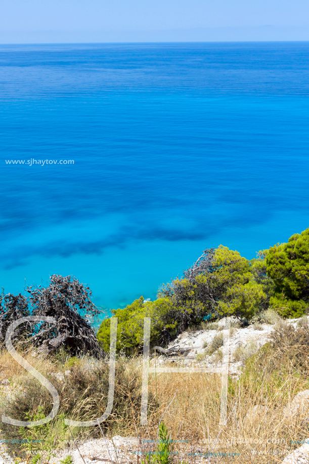 Panoramic view of Kokkinos Vrachos Beach with blue waters, Lefkada, Ionian Islands, Greece