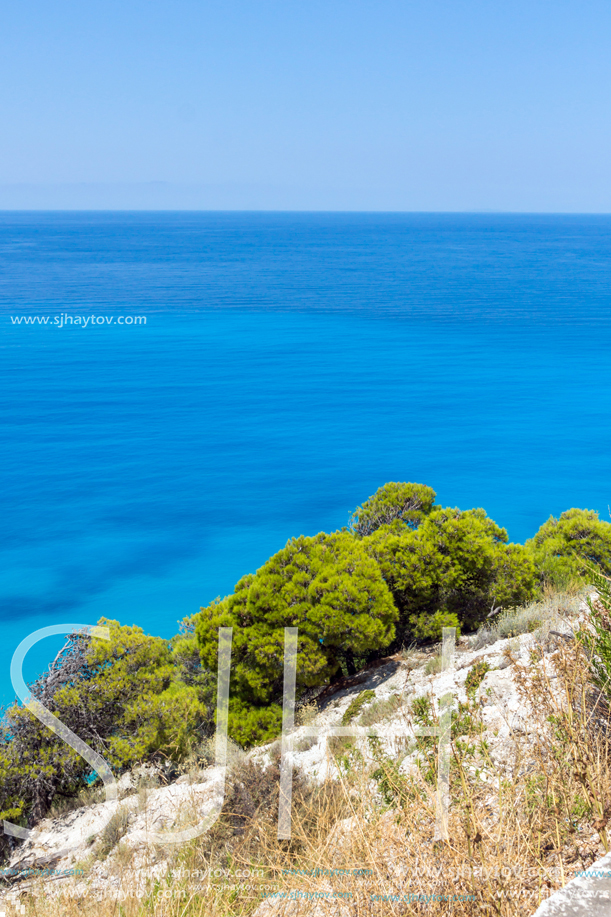 Panoramic view of Kokkinos Vrachos Beach with blue waters, Lefkada, Ionian Islands, Greece