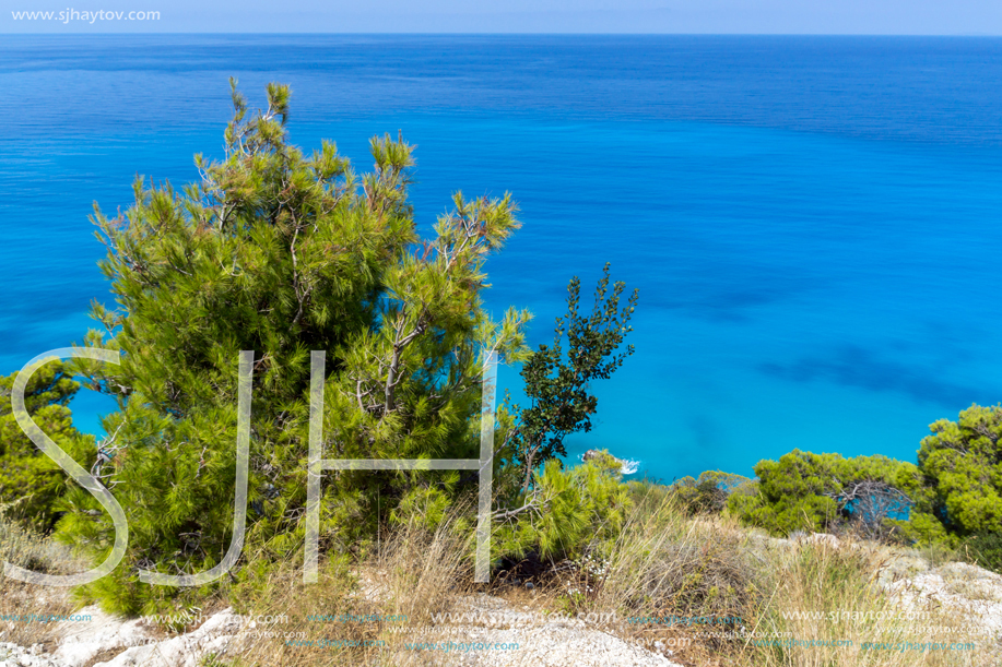 Panoramic view of Kokkinos Vrachos Beach with blue waters, Lefkada, Ionian Islands, Greece