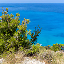 Panoramic view of Kokkinos Vrachos Beach with blue waters, Lefkada, Ionian Islands, Greece
