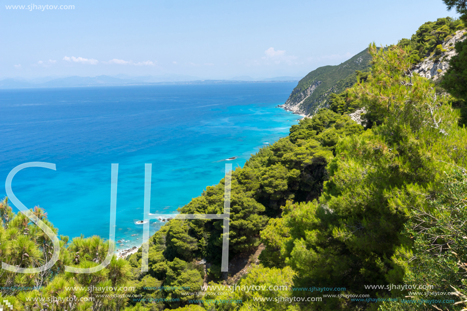 Panoramic view of Kokkinos Vrachos Beach with blue waters, Lefkada, Ionian Islands, Greece