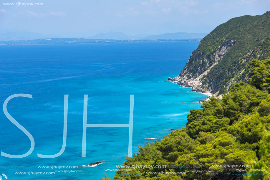 Panoramic view of Kokkinos Vrachos Beach with blue waters, Lefkada, Ionian Islands, Greece