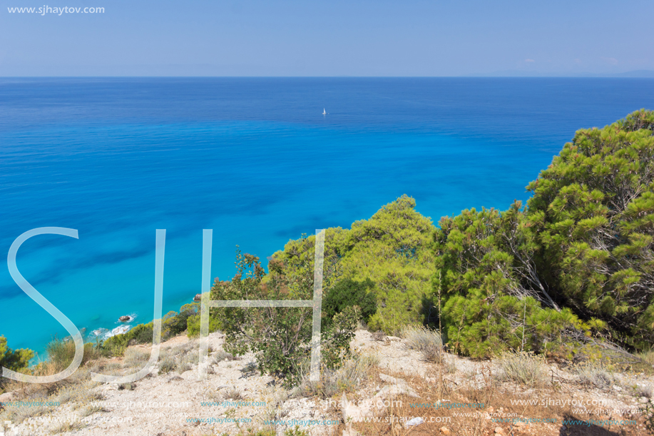 Panoramic view of Kokkinos Vrachos Beach with blue waters, Lefkada, Ionian Islands, Greece