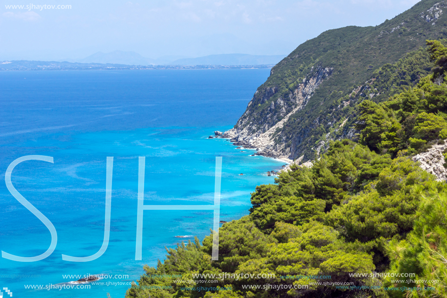 Panoramic view of Kokkinos Vrachos Beach with blue waters, Lefkada, Ionian Islands, Greece