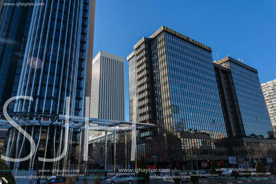 MADRID, SPAIN - JANUARY 21, 2018:  Business buildings at Paseo de la Castellana street in City of Madrid, Spain