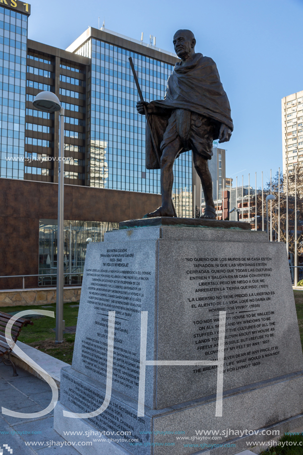MADRID, SPAIN - JANUARY 21, 2018:  Mahatma Gandhi Memorial at Paseo de la Castellana street in City of Madrid, Spain