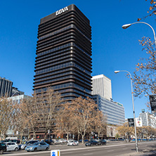 MADRID, SPAIN - JANUARY 21, 2018:  Business buildings at Paseo de la Castellana street in City of Madrid, Spain