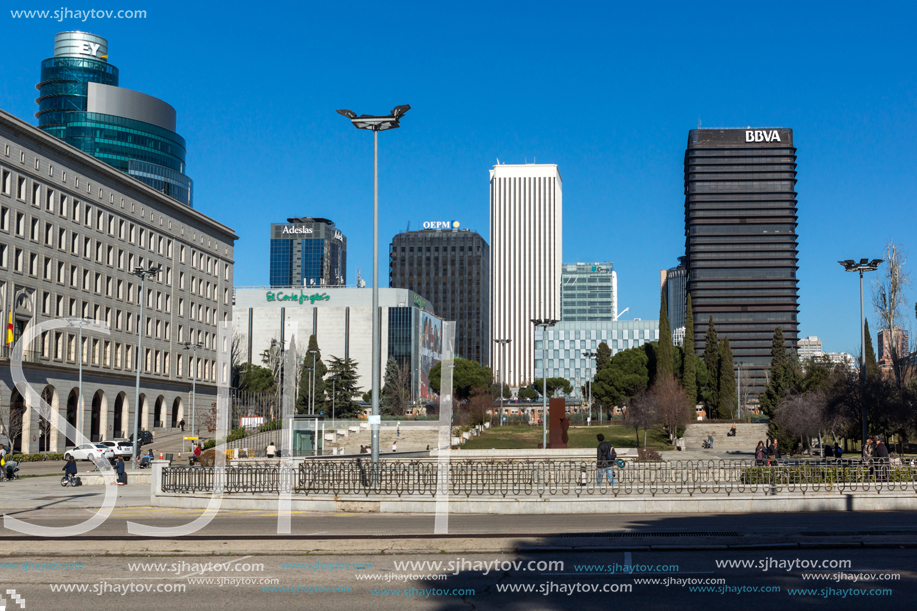 MADRID, SPAIN - JANUARY 21, 2018:  Business buildings at Paseo de la Castellana street in City of Madrid, Spain