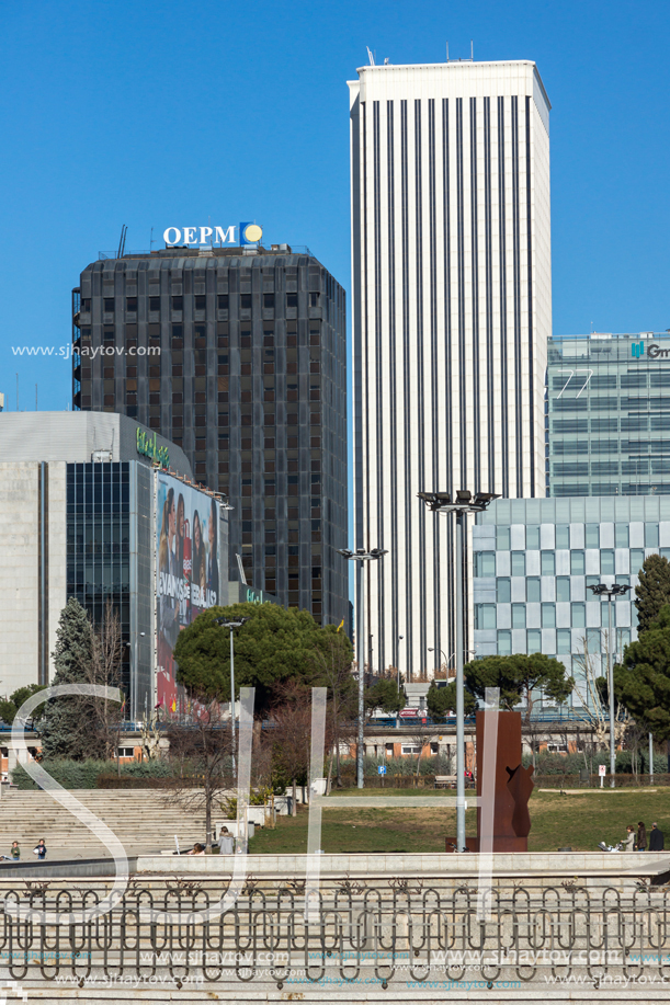 MADRID, SPAIN - JANUARY 21, 2018:  Business buildings at Paseo de la Castellana street in City of Madrid, Spain