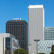 MADRID, SPAIN - JANUARY 21, 2018:  Business buildings at Paseo de la Castellana street in City of Madrid, Spain