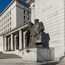 MADRID, SPAIN - JANUARY 21, 2018:  Building and monument in front of Ministry of Employment and Social Security in City of Madrid, Spain