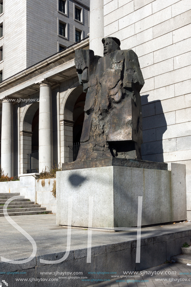 MADRID, SPAIN - JANUARY 21, 2018:  Building and monument in front of Ministry of Employment and Social Security in City of Madrid, Spain