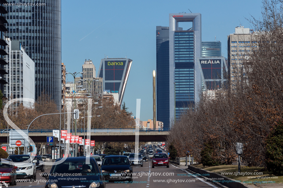 MADRID, SPAIN - JANUARY 21, 2018:  Business buildings at Paseo de la Castellana street in City of Madrid, Spain