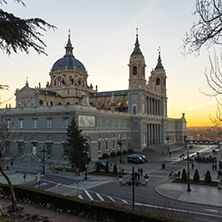 MADRID, SPAIN - JANUARY 22, 2018:  Amazing Sunset view of Almudena Cathedral in City of Madrid, Spain