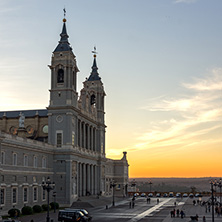 MADRID, SPAIN - JANUARY 22, 2018:  Amazing Sunset view of Almudena Cathedral in City of Madrid, Spain