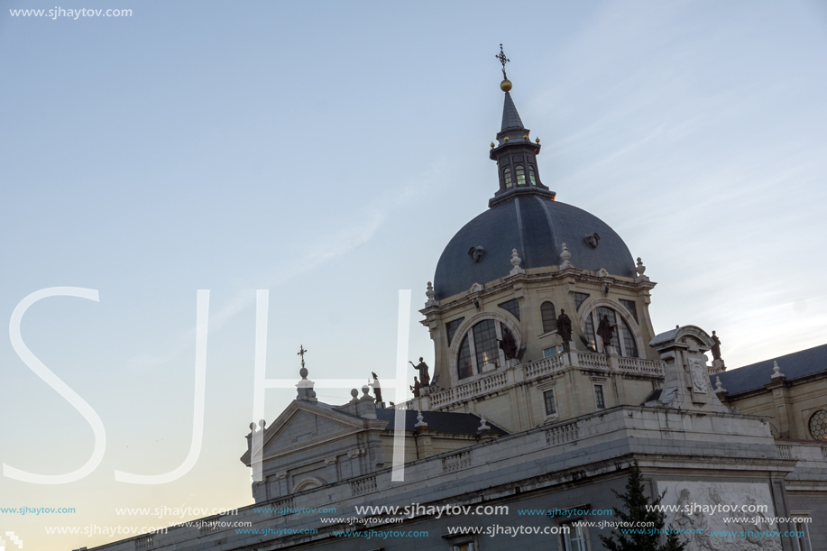 MADRID, SPAIN - JANUARY 22, 2018:  Amazing Sunset view of Almudena Cathedral in City of Madrid, Spain