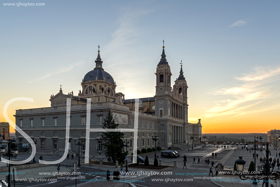 MADRID, SPAIN - JANUARY 22, 2018:  Amazing Sunset view of Almudena Cathedral in City of Madrid, Spain