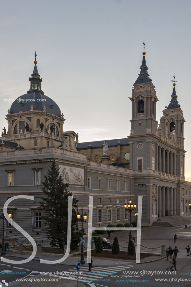 MADRID, SPAIN - JANUARY 22, 2018:  Amazing Sunset view of Almudena Cathedral in City of Madrid, Spain