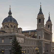 MADRID, SPAIN - JANUARY 22, 2018:  Amazing Sunset view of Almudena Cathedral in City of Madrid, Spain