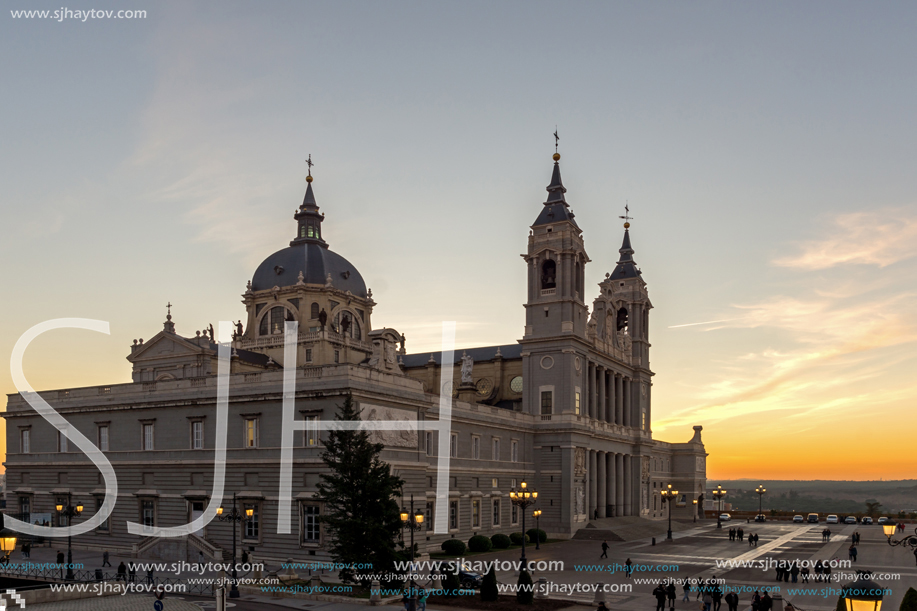MADRID, SPAIN - JANUARY 22, 2018:  Amazing Sunset view of Almudena Cathedral in City of Madrid, Spain