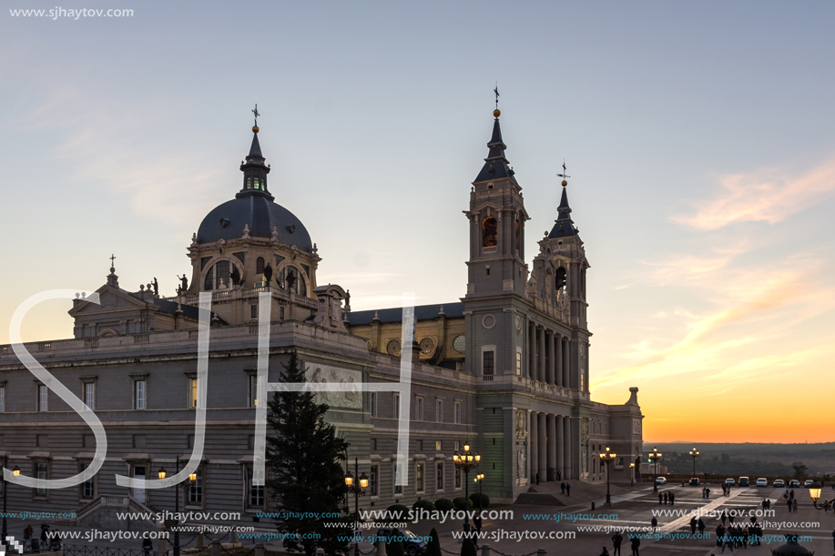 MADRID, SPAIN - JANUARY 22, 2018:  Amazing Sunset view of Almudena Cathedral in City of Madrid, Spain