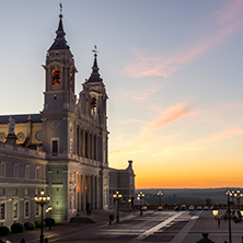 MADRID, SPAIN - JANUARY 22, 2018:  Amazing Sunset view of Almudena Cathedral in City of Madrid, Spain