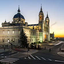 MADRID, SPAIN - JANUARY 22, 2018:  Amazing Sunset view of Almudena Cathedral in City of Madrid, Spain