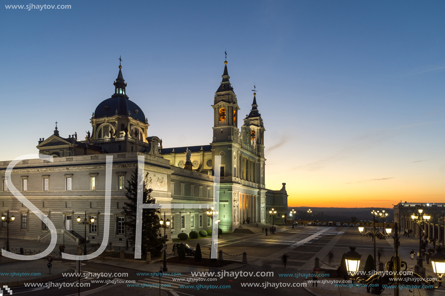 MADRID, SPAIN - JANUARY 22, 2018:  Amazing Sunset view of Almudena Cathedral in City of Madrid, Spain