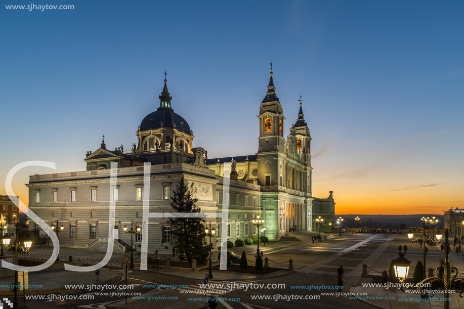MADRID, SPAIN - JANUARY 22, 2018:  Amazing Sunset view of Almudena Cathedral in City of Madrid, Spain