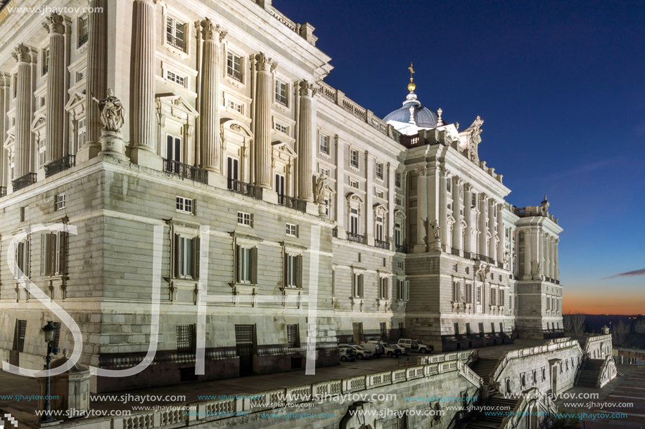 MADRID, SPAIN - JANUARY 22, 2018: Night view of the facade of the Royal Palace of Madrid, Spain