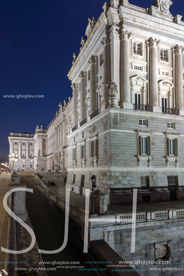 MADRID, SPAIN - JANUARY 22, 2018: Night view of the facade of the Royal Palace of Madrid, Spain