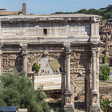 ROME, ITALY - JUNE 23, 2017: Ruins of Septimius Severus Arch and Roman Forum in city of Rome, Italy