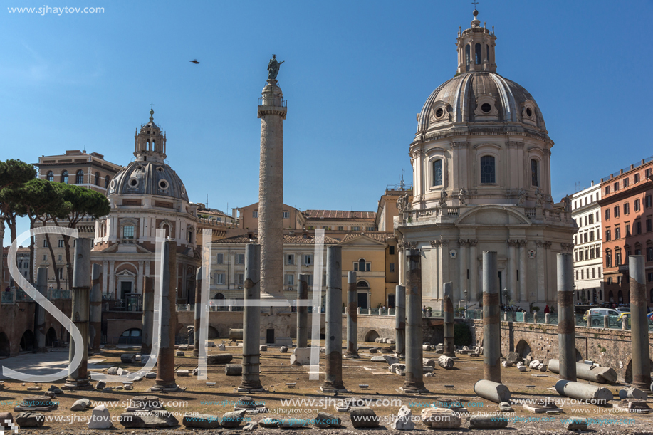 ROME, ITALY - JUNE 23, 2017: Amazing view of Trajan Column and Forum in city of Rome, Italy