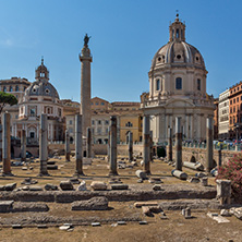 ROME, ITALY - JUNE 23, 2017: Amazing view of Trajan Column and Forum in city of Rome, Italy