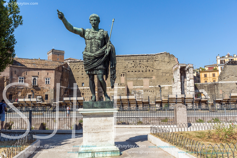 ROME, ITALY - JUNE 23, 2017: Amazing view of Augustus Forum and statue in city of Rome, Italy