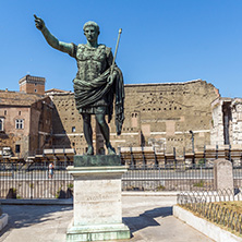 ROME, ITALY - JUNE 23, 2017: Amazing view of Augustus Forum and statue in city of Rome, Italy
