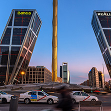 MADRID, SPAIN - JANUARY 23, 2018:  Sunrise view of Gate of Europe (KIO Towers) at Paseo de la Castellana street in City of Madrid, Spain