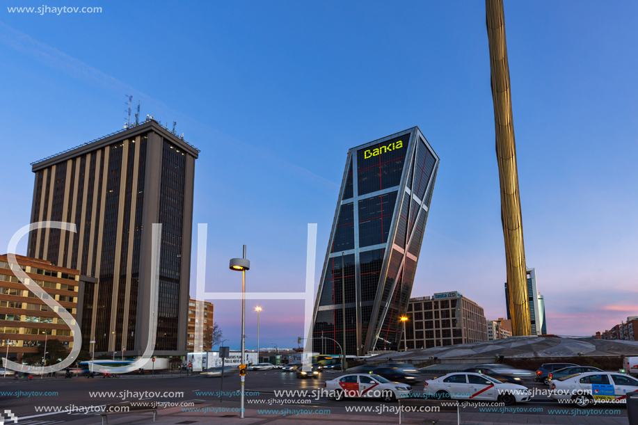 MADRID, SPAIN - JANUARY 23, 2018:  Sunrise view of Gate of Europe (KIO Towers) at Paseo de la Castellana street in City of Madrid, Spain