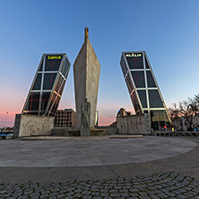 MADRID, SPAIN - JANUARY 23, 2018:  Sunrise view of Gate of Europe (KIO Towers) at Paseo de la Castellana street in City of Madrid, Spain