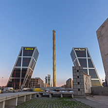 MADRID, SPAIN - JANUARY 23, 2018:  Sunrise view of Gate of Europe (KIO Towers) at Paseo de la Castellana street in City of Madrid, Spain